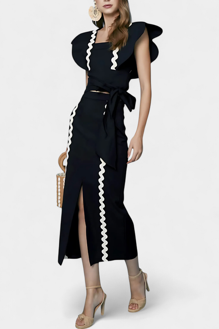 Fabiana Top Elegantiškas su Volanais ir Kontrastingomis Siūlėmis