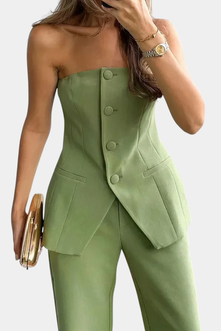 Ekaterina Minimalizmo Stiliaus Topas ir Platus Kelnės Komplektas