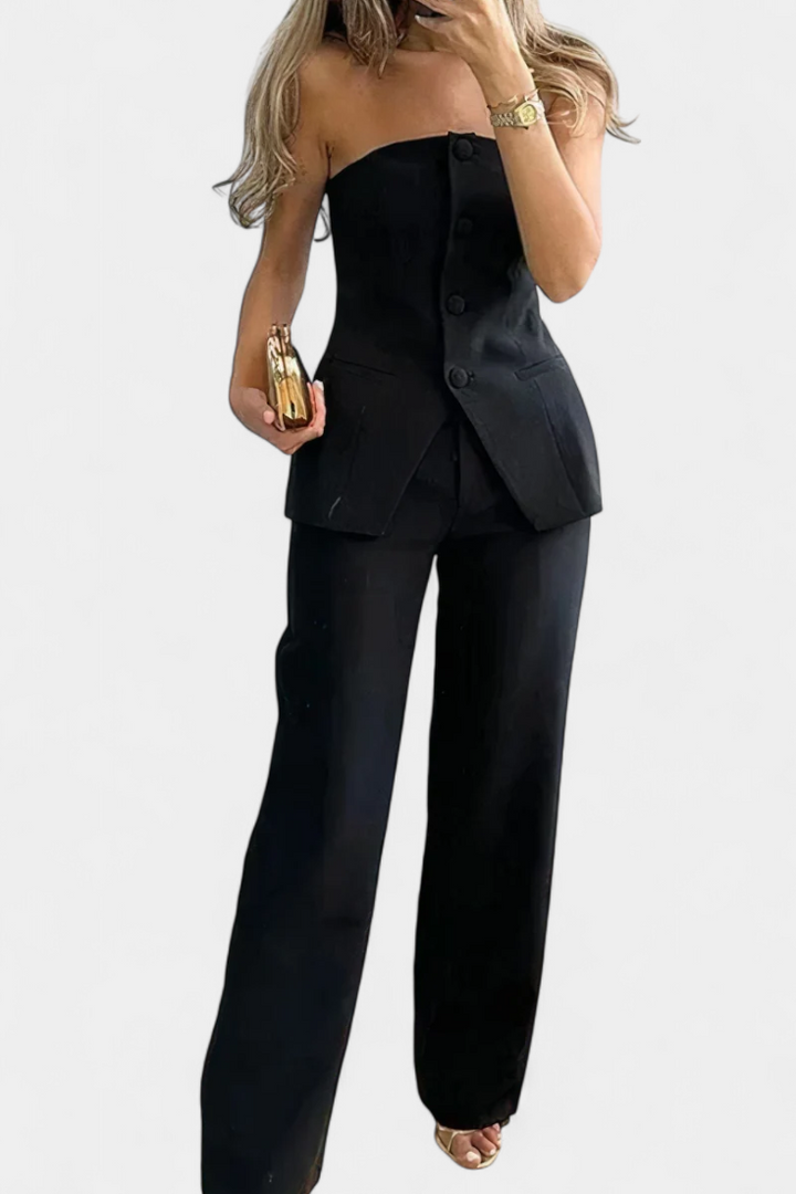 Ekaterina Minimalizmo Stiliaus Topas ir Platus Kelnės Komplektas