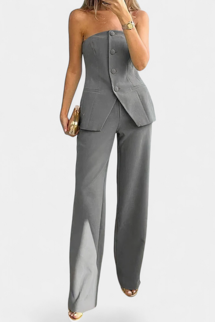 Ekaterina Minimalizmo Stiliaus Topas ir Platus Kelnės Komplektas