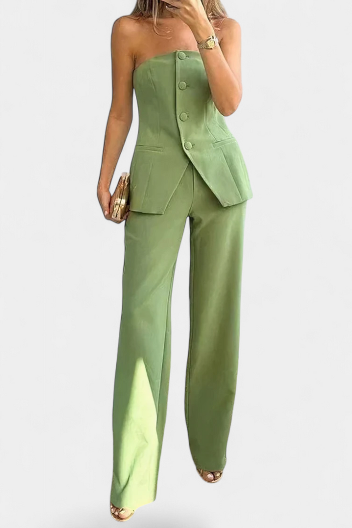 Ekaterina Minimalizmo Stiliaus Topas ir Platus Kelnės Komplektas