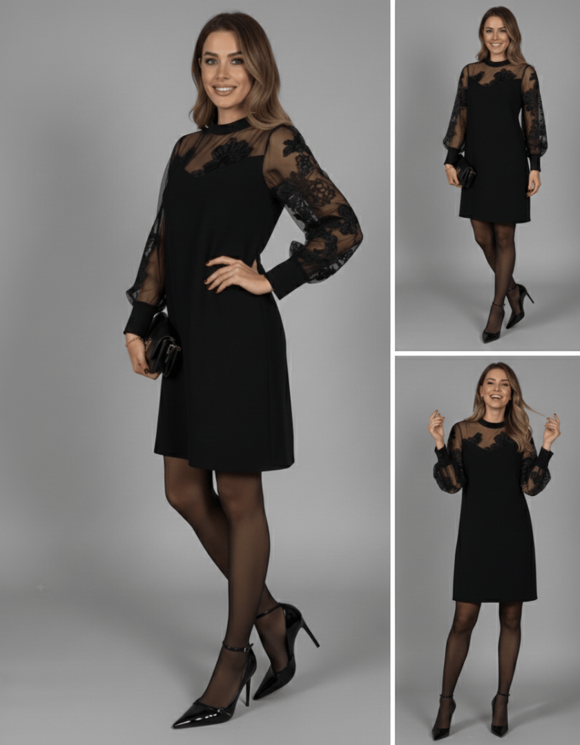 Keira - Elegantiška Juoda Suknelė su Tinklelio Rankovėmis