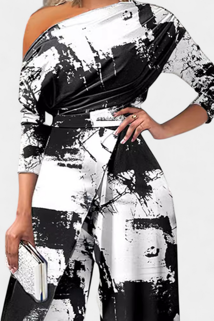 Brina Mono Largo Spalvų Perėjimas Su Atvirais Pečiais Ir Plataus Kojų Su Atvartu